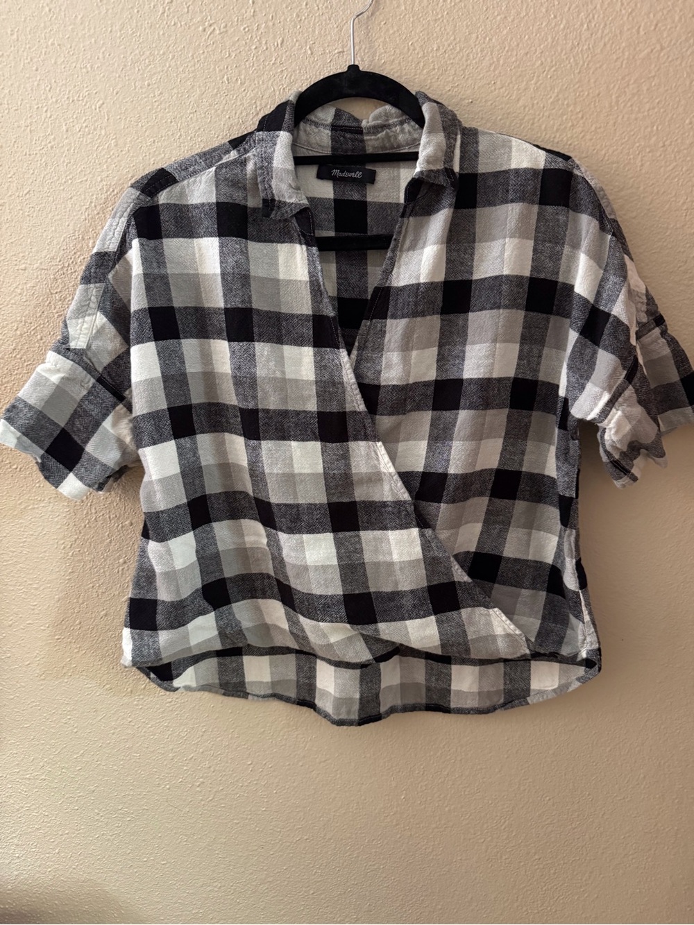 Madewell Black & White Plaid Wrap-Style Button Down Top
